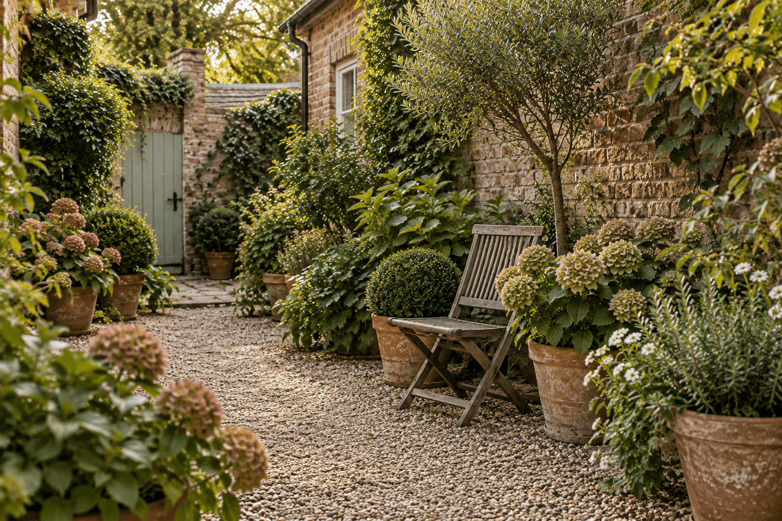A weathered timber chair with room around it beside terracotta pots and a gravel path in the imagined courtyard.