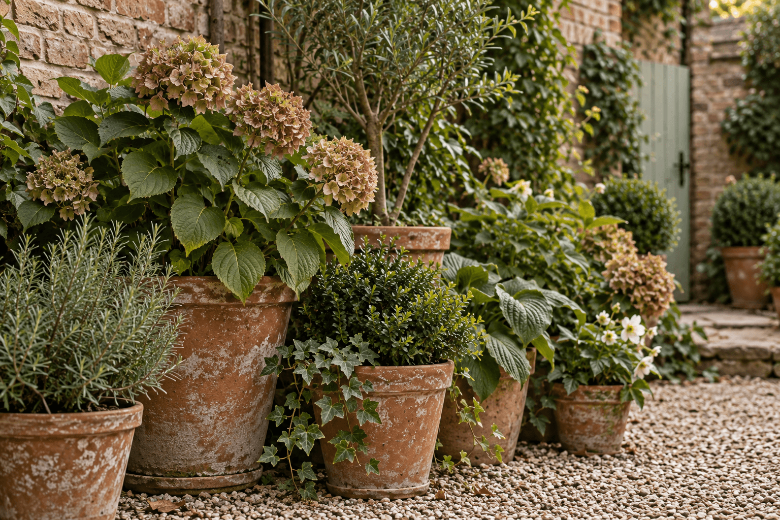 Weathered terracotta pots at different heights with layered leaves and faded flowers against mellow brick.