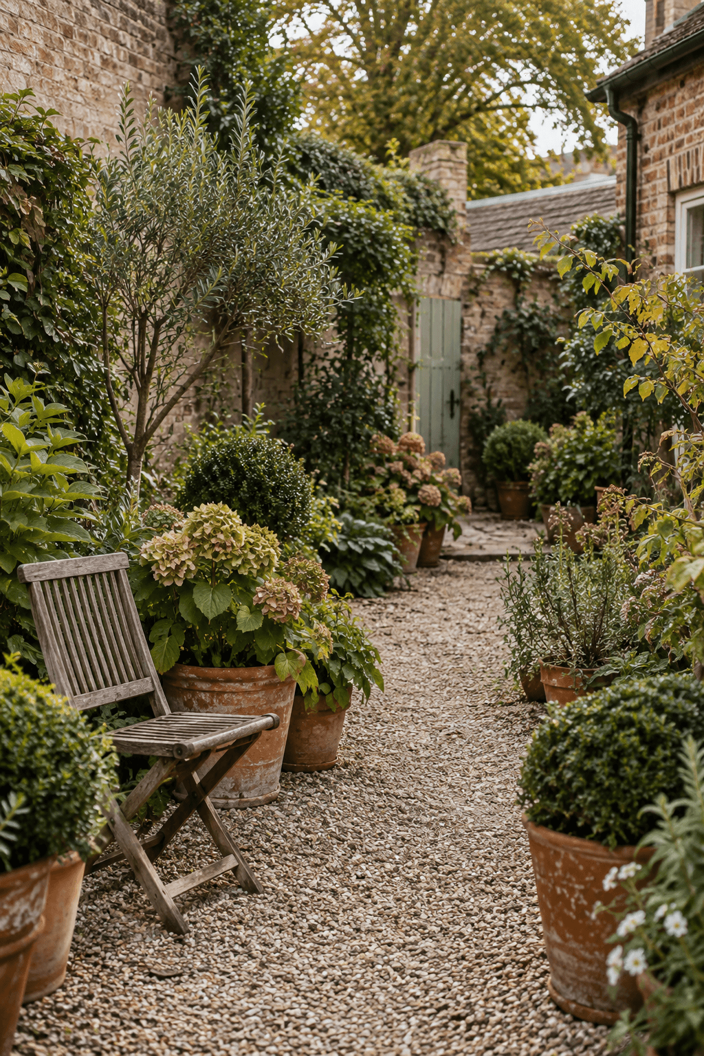 An imagined English courtyard with terracotta pots, layered foliage, mellow brick and a folding chair.