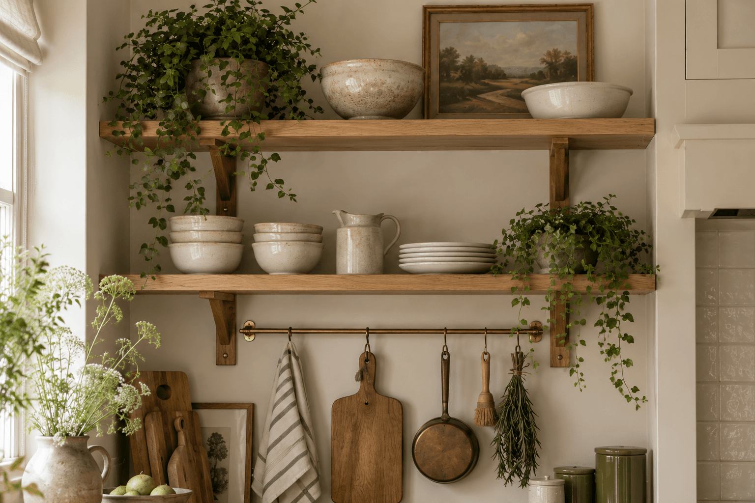 Open oak shelves with cream ceramics, a trailing plant and a brass rail in the imagined kitchen.
