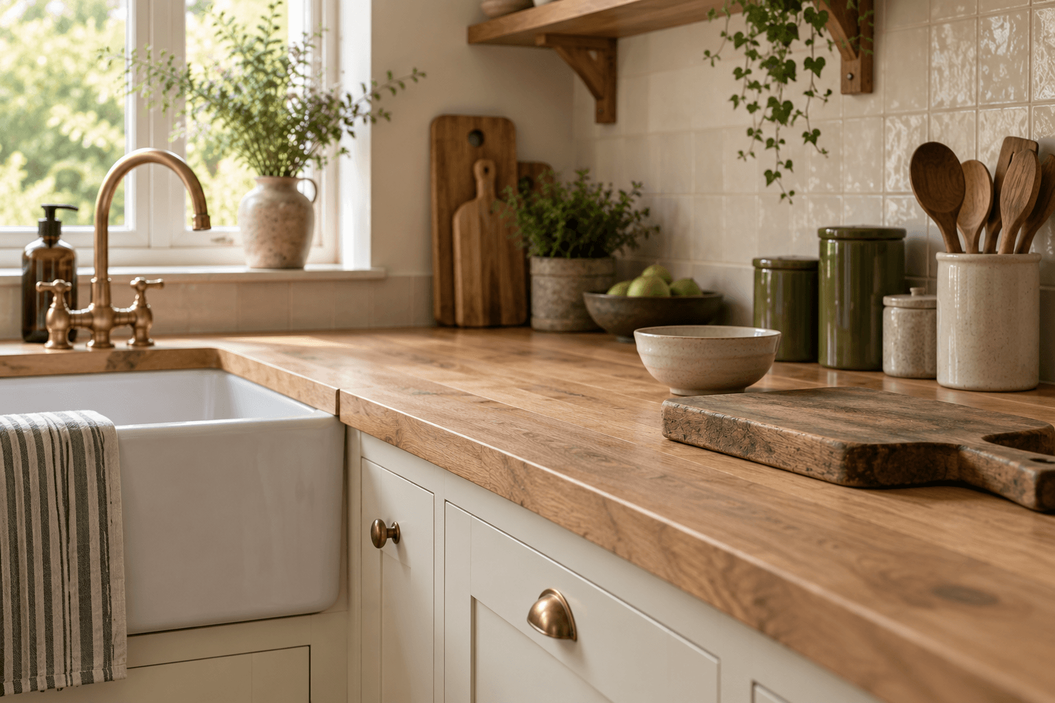 A clear oak preparation surface beside cream Shaker drawers in the imagined kitchen.