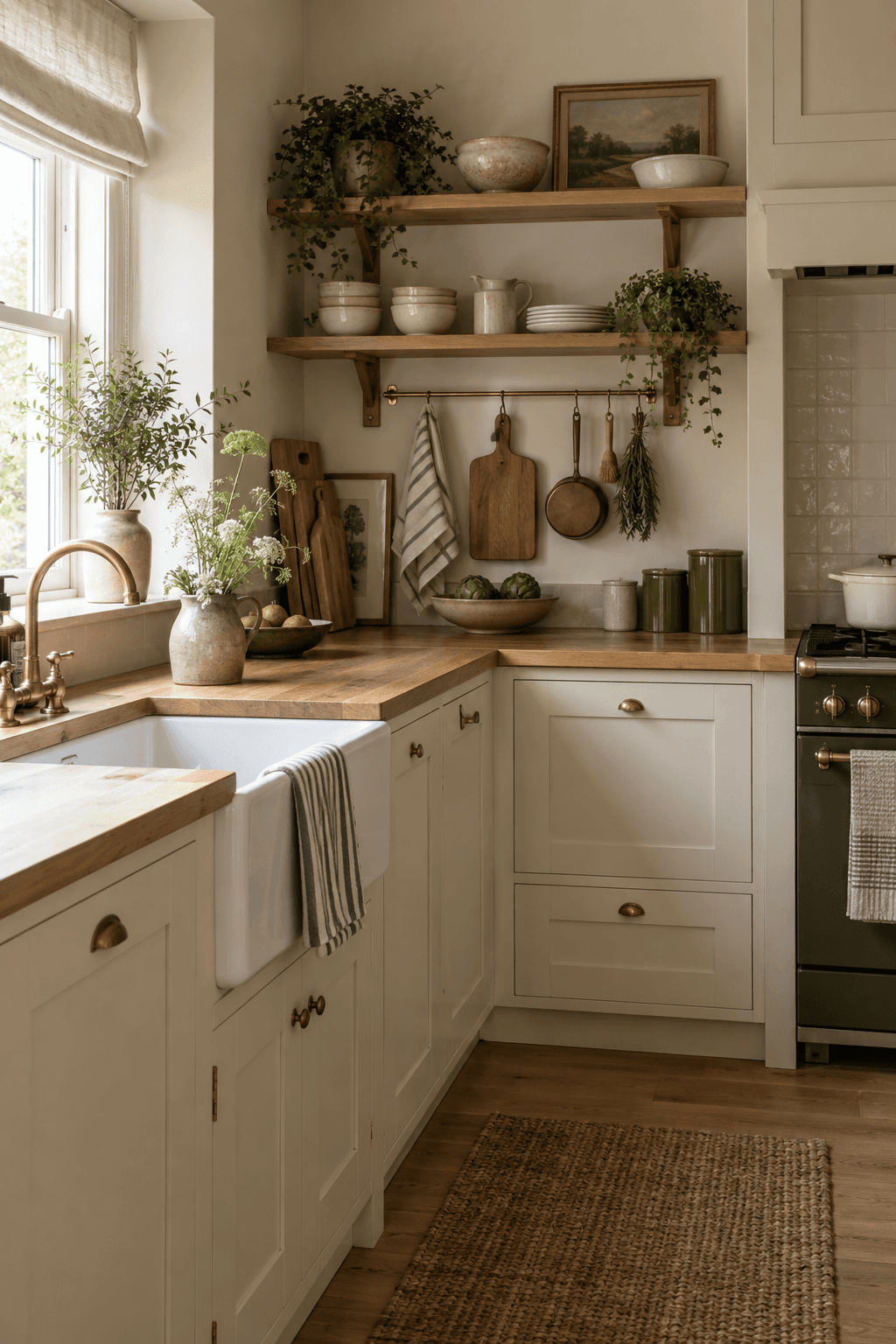 An imagined small cream kitchen with wooden worktops, open shelves and neatly arranged ceramics.