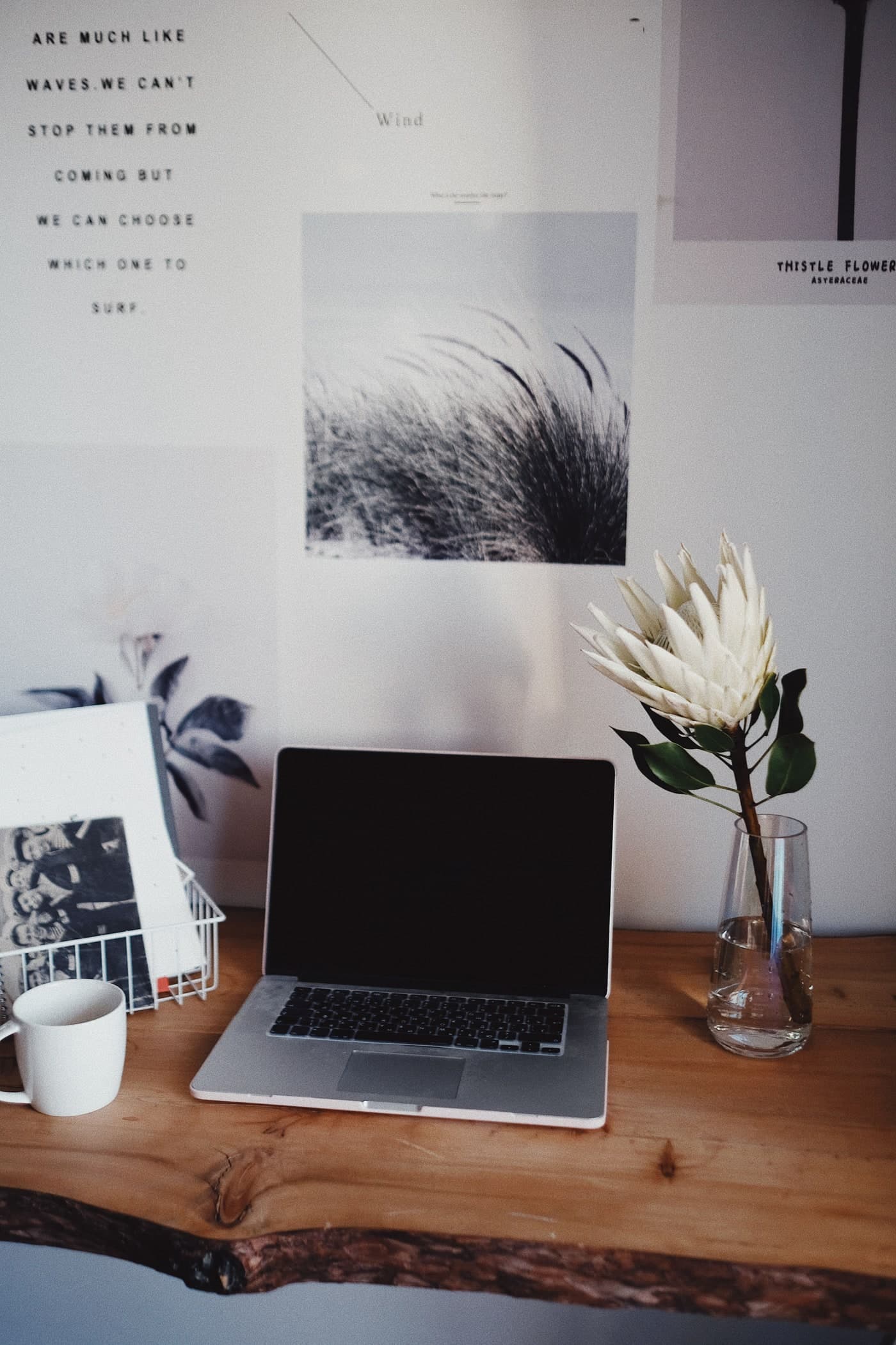 A laptop, a mug, a wire paper basket and a flower in a glass vase share a timber tabletop.