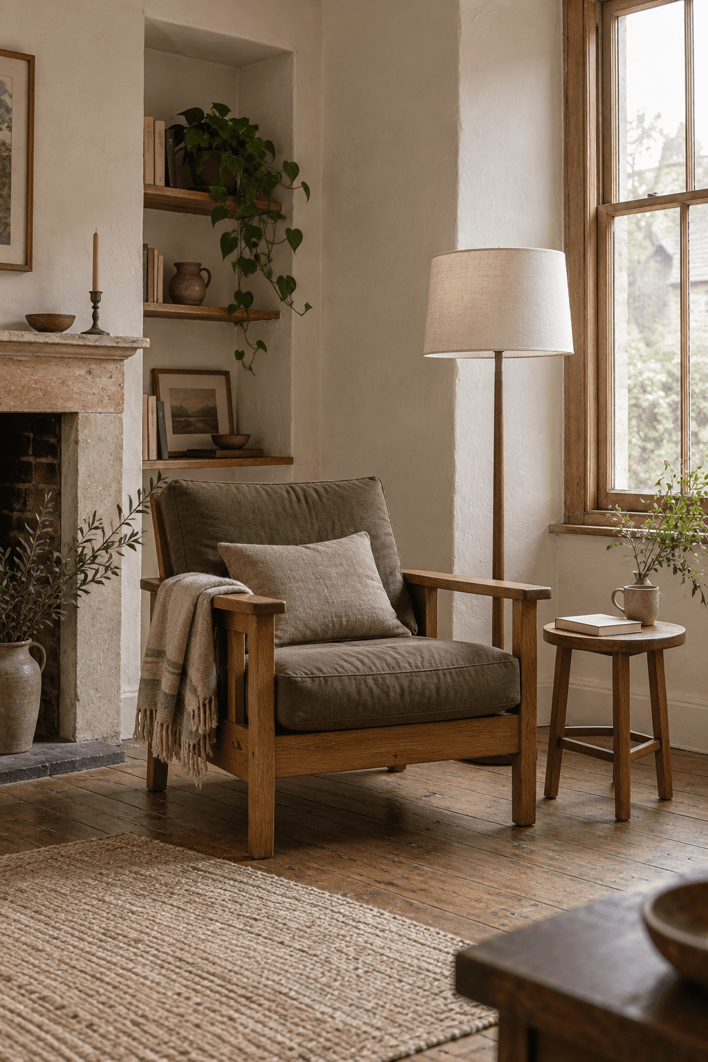 Illustration of an olive-cushioned timber armchair beside a window and a small table.