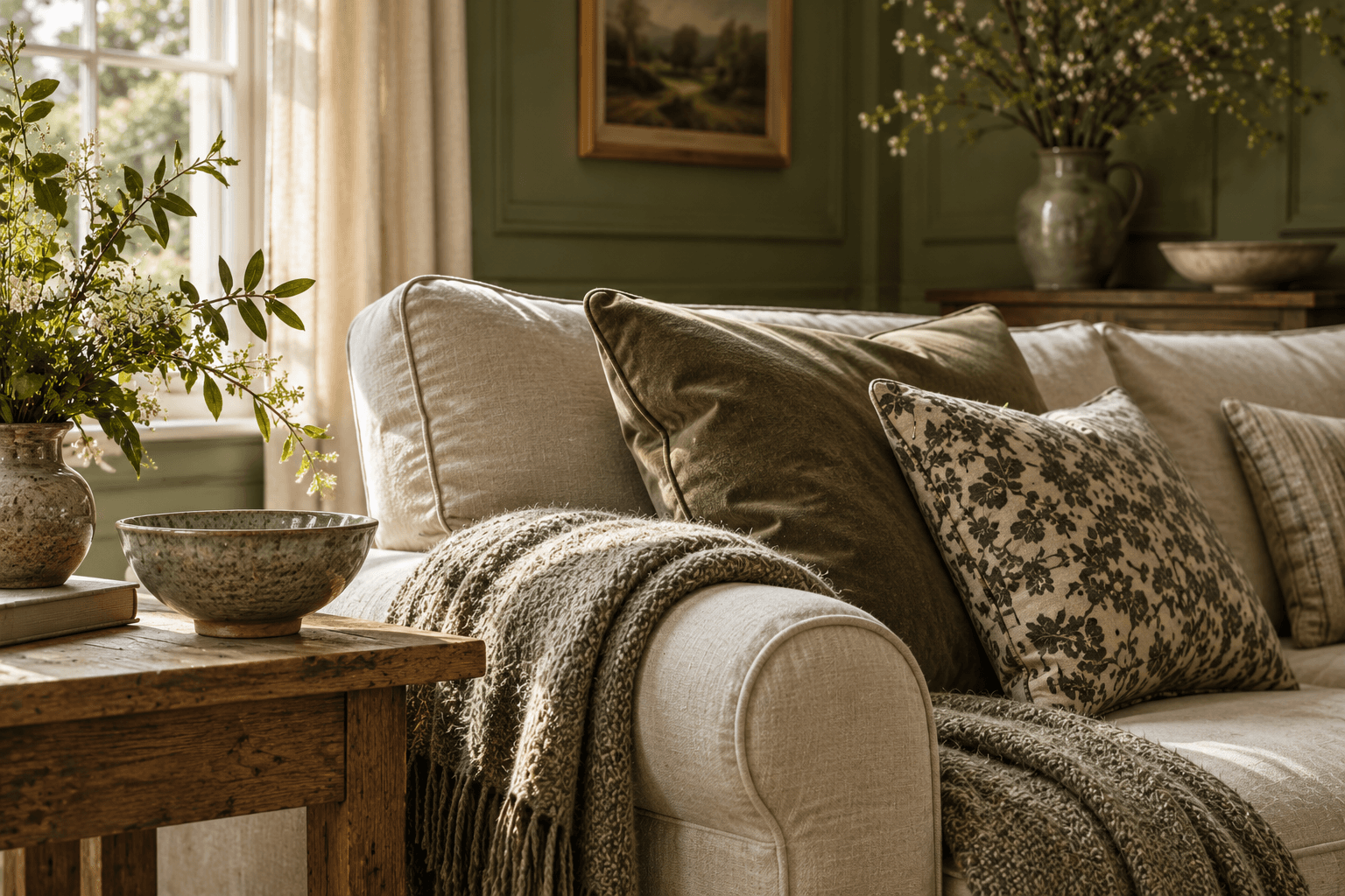 Linen upholstery, an olive cushion, a wool throw and glazed ceramics in the imagined sitting room.