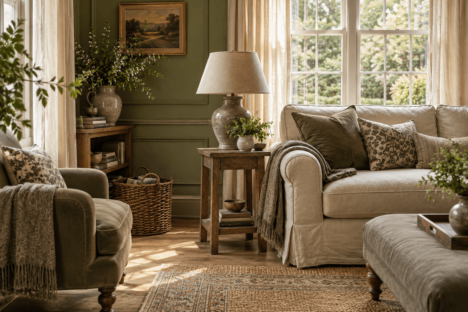 A linen armchair beside an olive green wall, with a reading lamp and a small oak table.