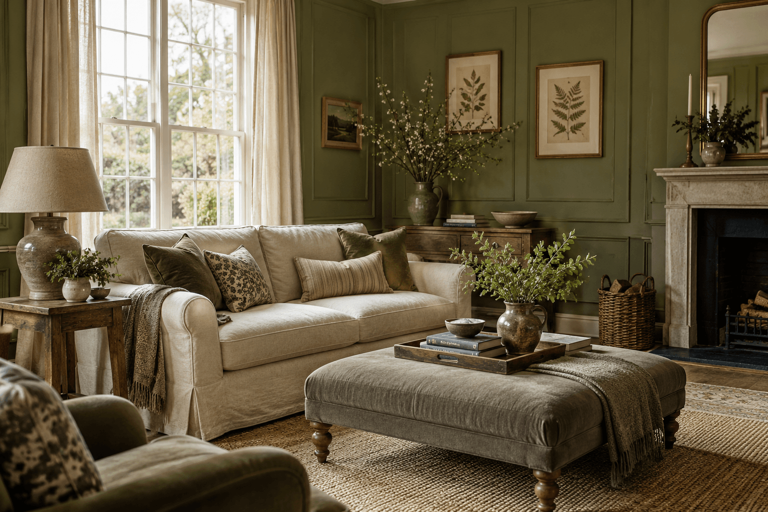 An imagined olive-green sitting room with a linen sofa, oak furniture and soft window light.